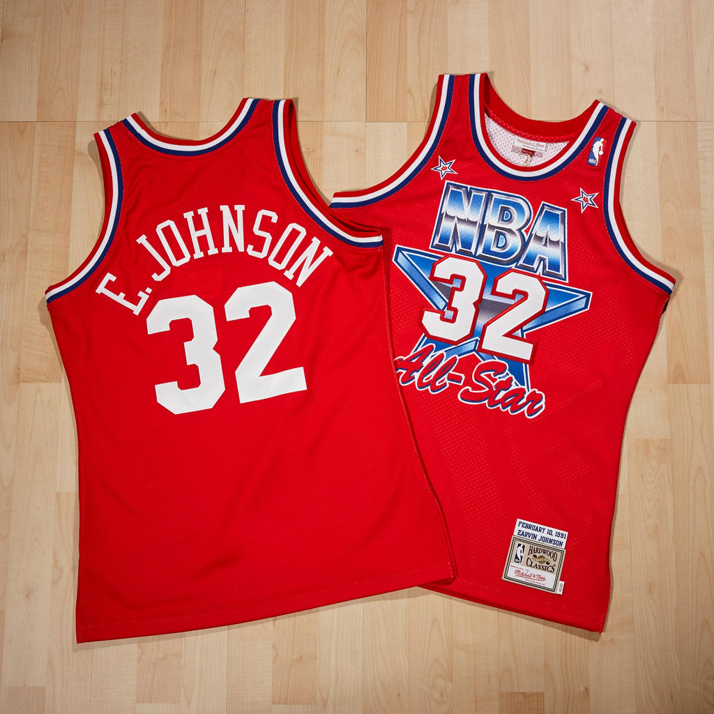 Magic Johnson Los Angeles Lakers 1991 All - Star West Authentic Basketball Jersey - Scarlett - Mens